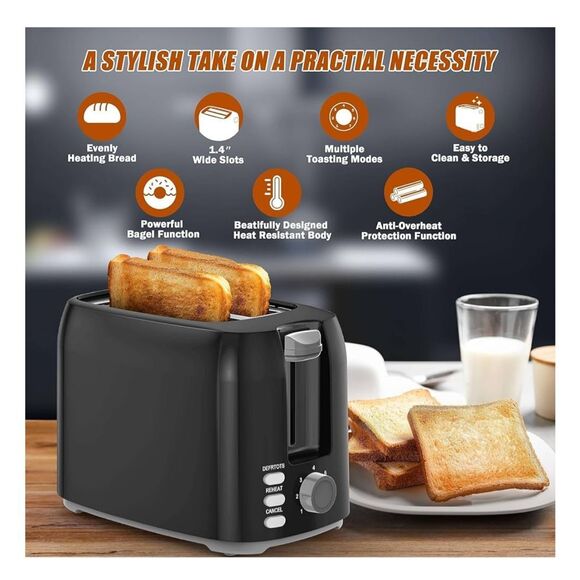 NEW Black Best Rated Wide Slot 2 slice Toaster, 7 Bread Shade Settings - Picture 5 of 8